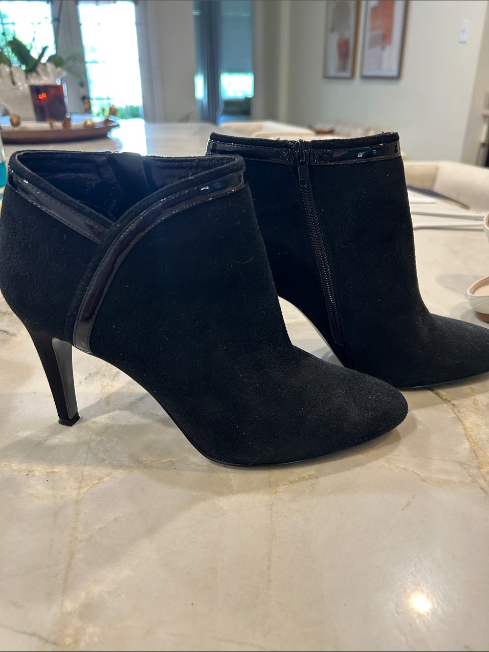 Nine West Black Suede Ankle Booties with Patent Trim 3” heel